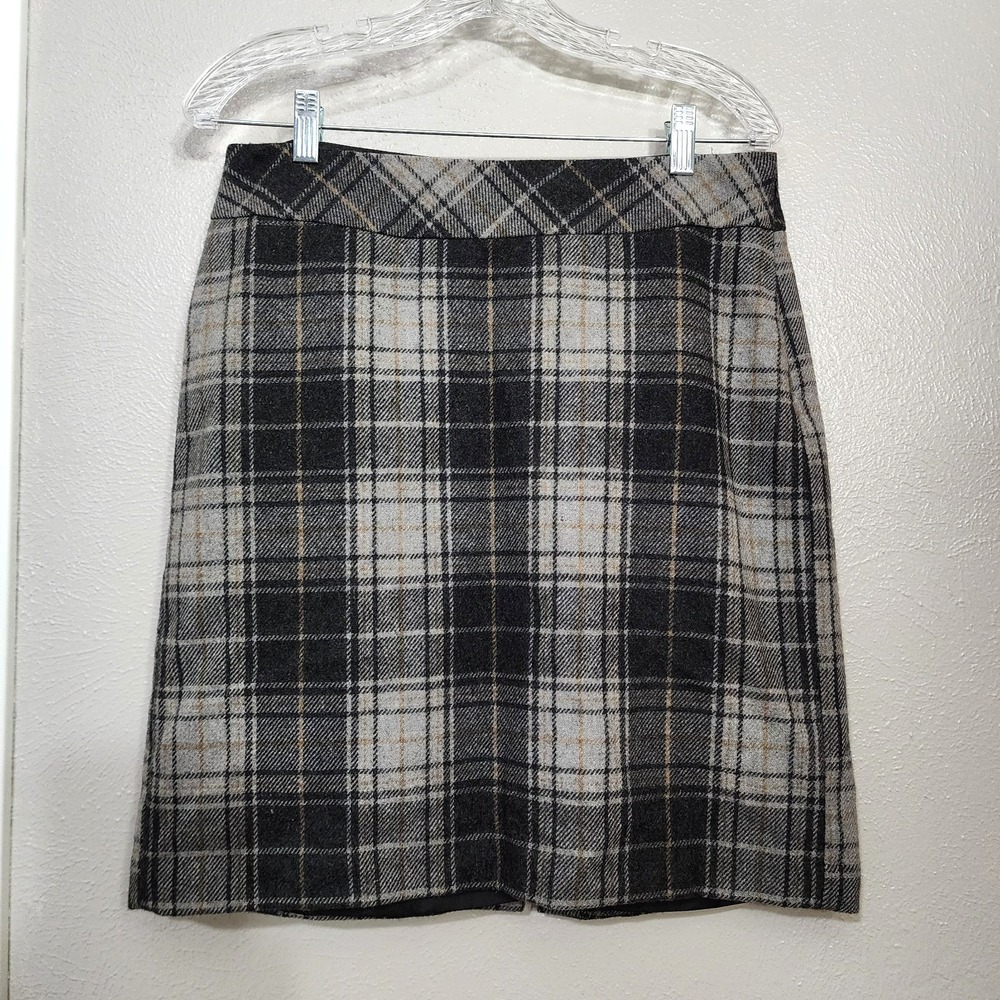 Eddie Bauer‎ Wool Blend Lined Work Skirt Women's 8 Gray Plaid Side Zip Back Slit